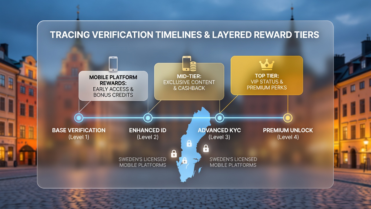Mobile verification process on a Swedish licensed gaming app showing ID upload and tier progress indicators